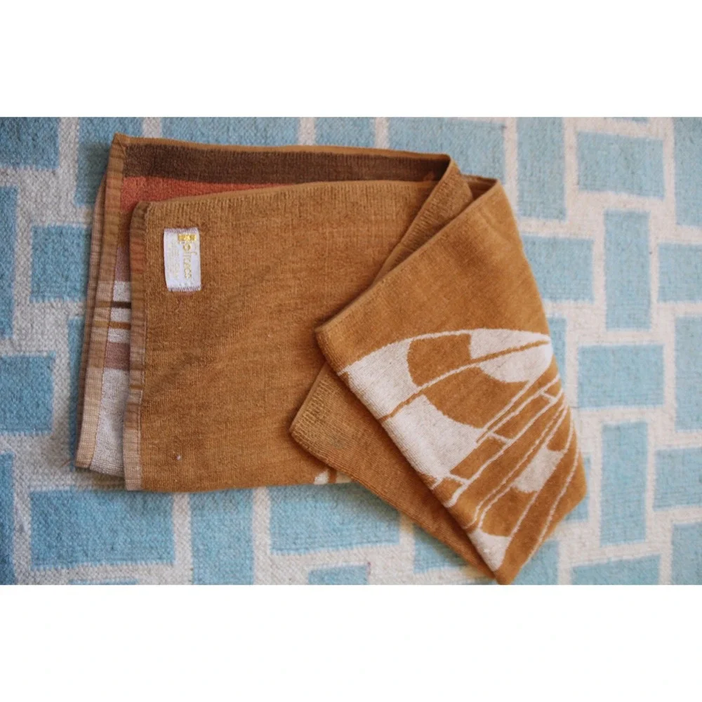 Vtg Franco Brown Cotton Terry Sailboat Beach Towel Retro Nautical Sunset Stripe